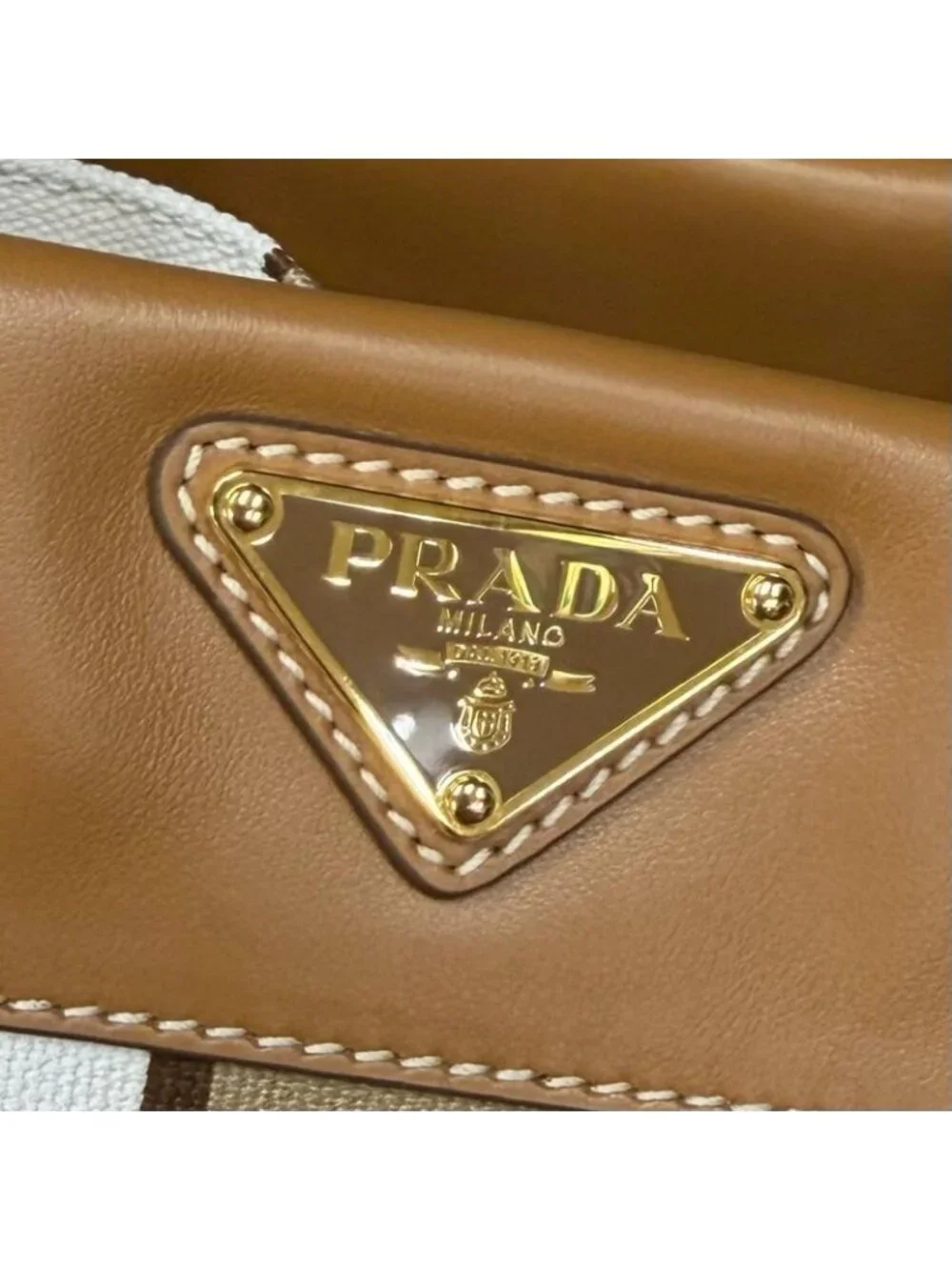 Prada Triangle Logo Stripe Leather Canvas Tote Brown White - Picture 11 of 14